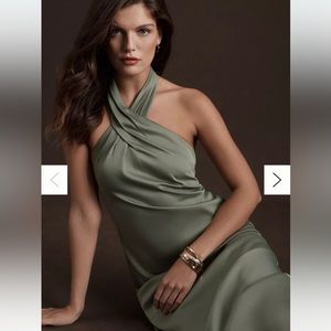 BHLDN RUBY TWIST HALTER SATIN GOWN in Moss